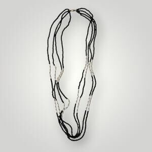 14K Gold Clasp Italy Multi Strand Necklace Black Bead & Pearl Long 74.1g 30 inch